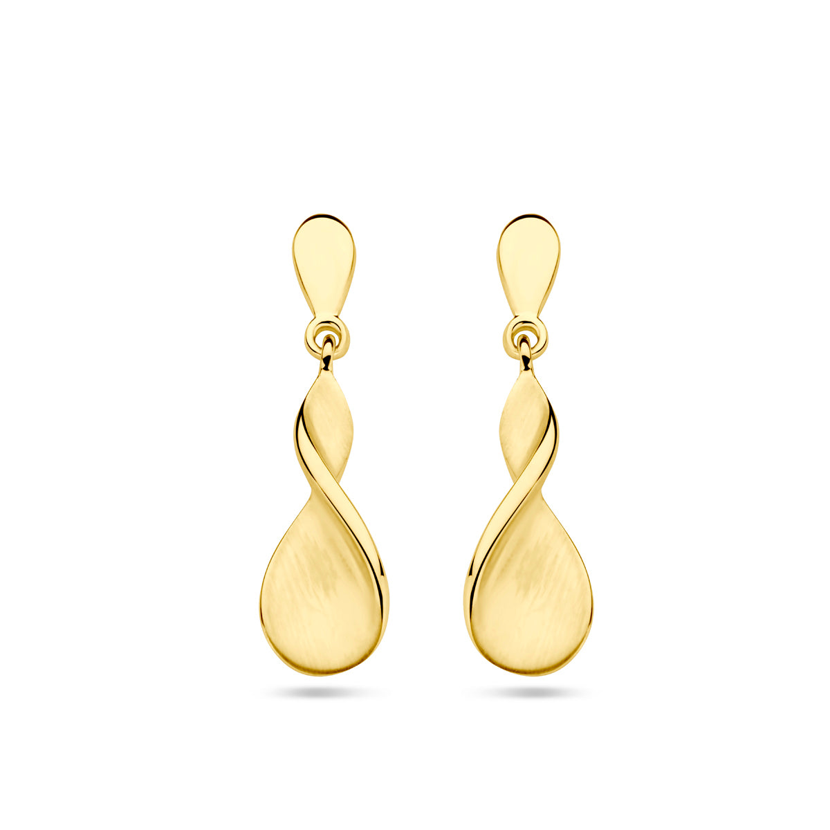 Vooraanzicht van de 14 karaat geelgouden oorhangers mat en glans, 16,5 mm hoog en 5,5 mm breed.