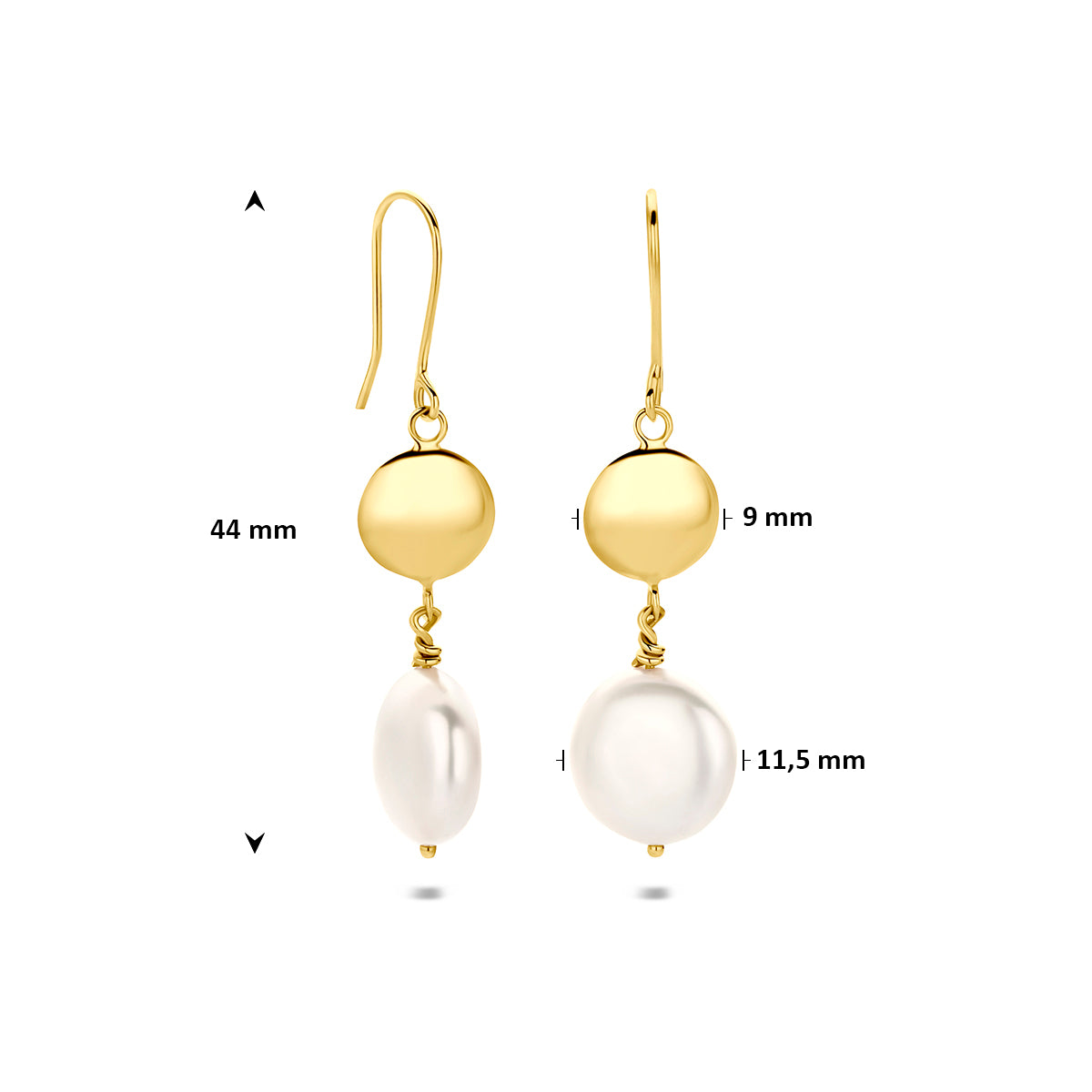 Gouden oorhangers met parel: afmetingen van de 14 karaat geelgouden oorhangers met parel, 44,0 mm hoog en 9,0 mm doorsnee.