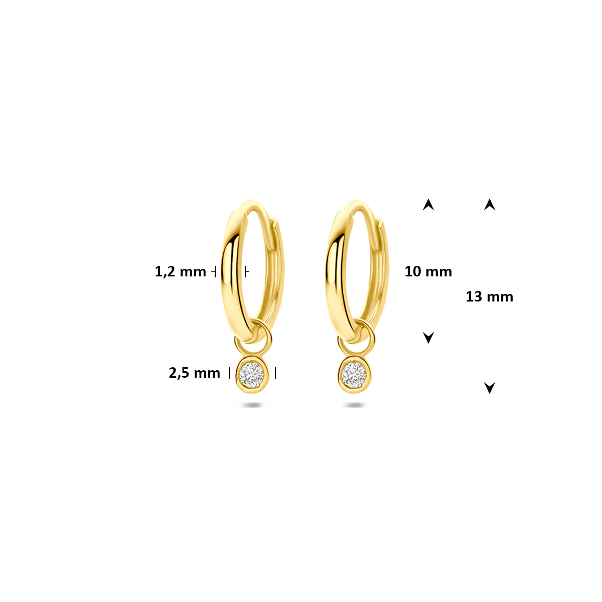 Gouden oorringen met diamant: afmetingen van de 14 karaat geelgouden oorringen met diamant 0,11 ct, 13,0 mm hoog en 10,0 mm doorsnee.