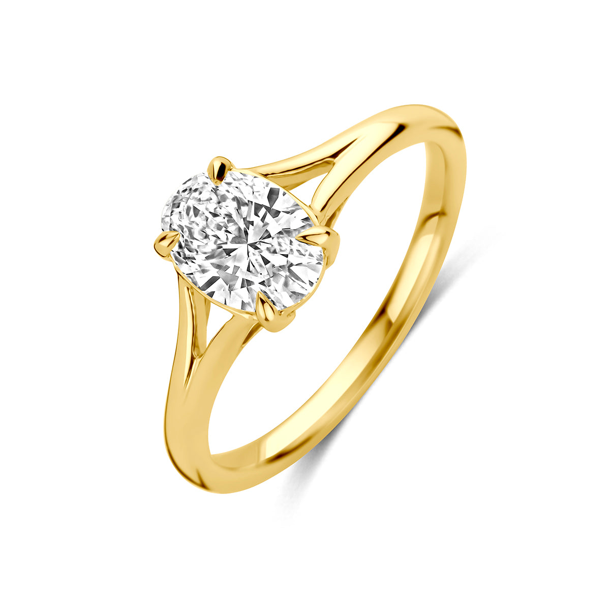 Ovale diamant ring: schuin bovenaanzicht van de geelgouden ring met ovale lab grown diamant van 14 karaat, 1,00 ct.