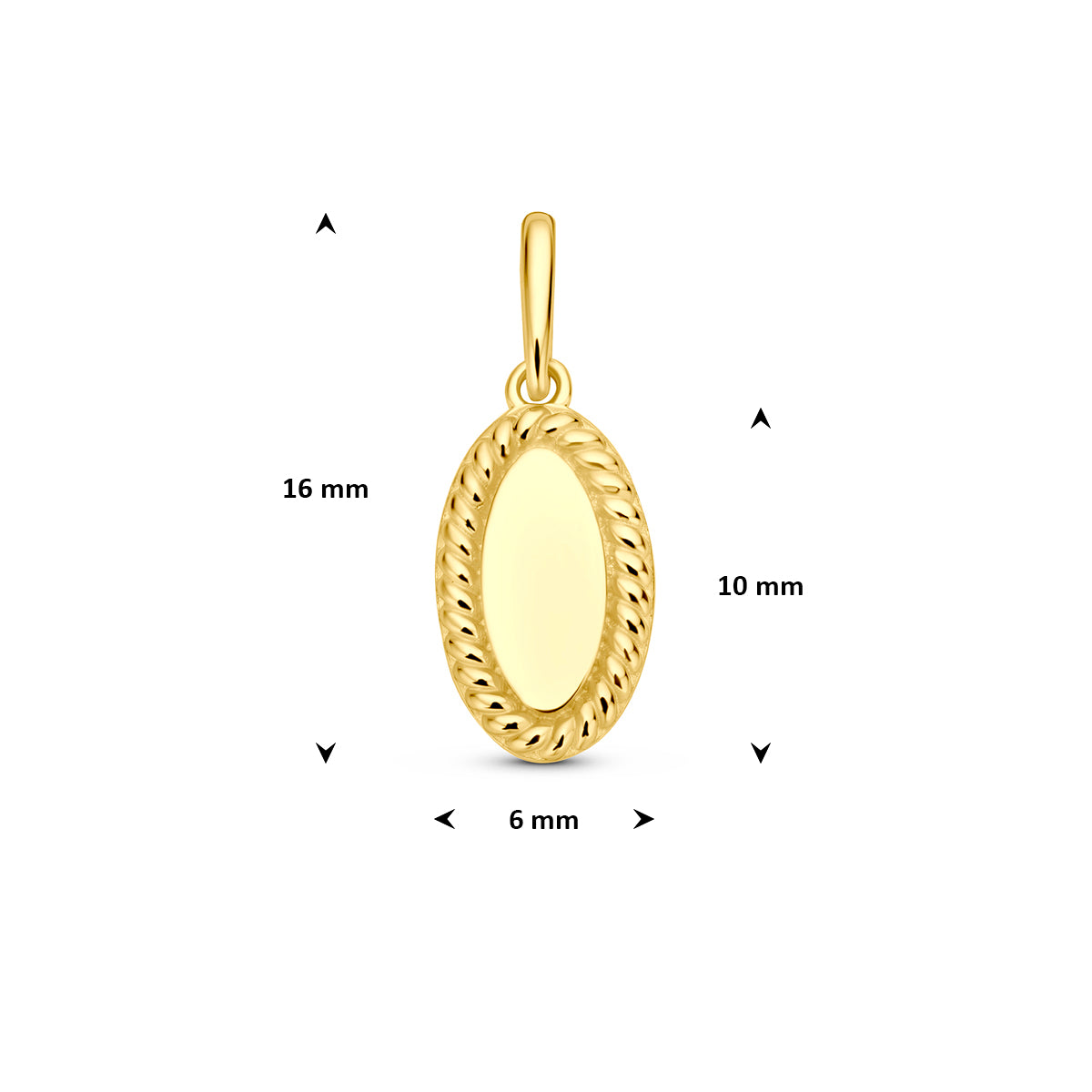 Gouden graveerhanger: afmetingen van de 14 karaat geelgouden ovale graveerhanger, 16,0 mm hoog inclusief oog en 6,0 mm breed.