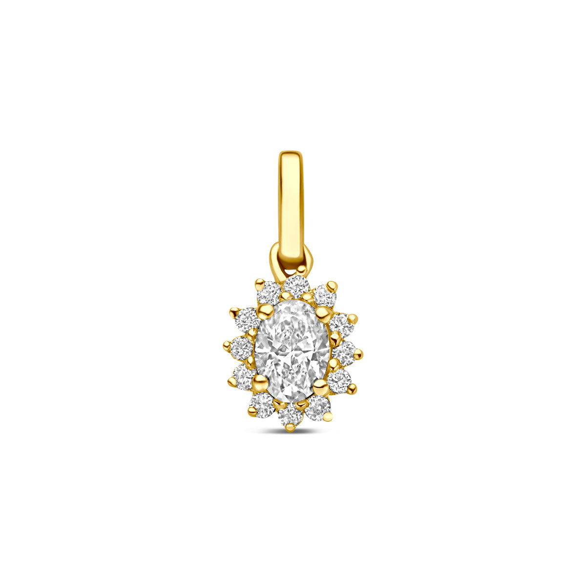 Vooraanzicht van de 14 karaat geelgouden ovale lab grown diamant hanger 0,21 ct, 11,5 mm hoog en 5,5 mm breed.