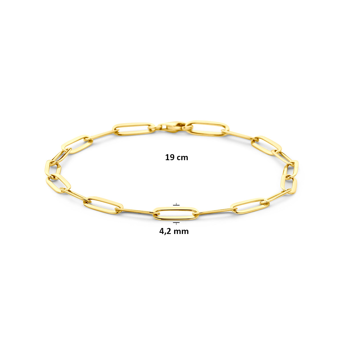 Paperclip armband: afmetingen van de 14 karaat geelgouden paperclip armband, schakel van 4,2 mm breed en lengte 19 cm.