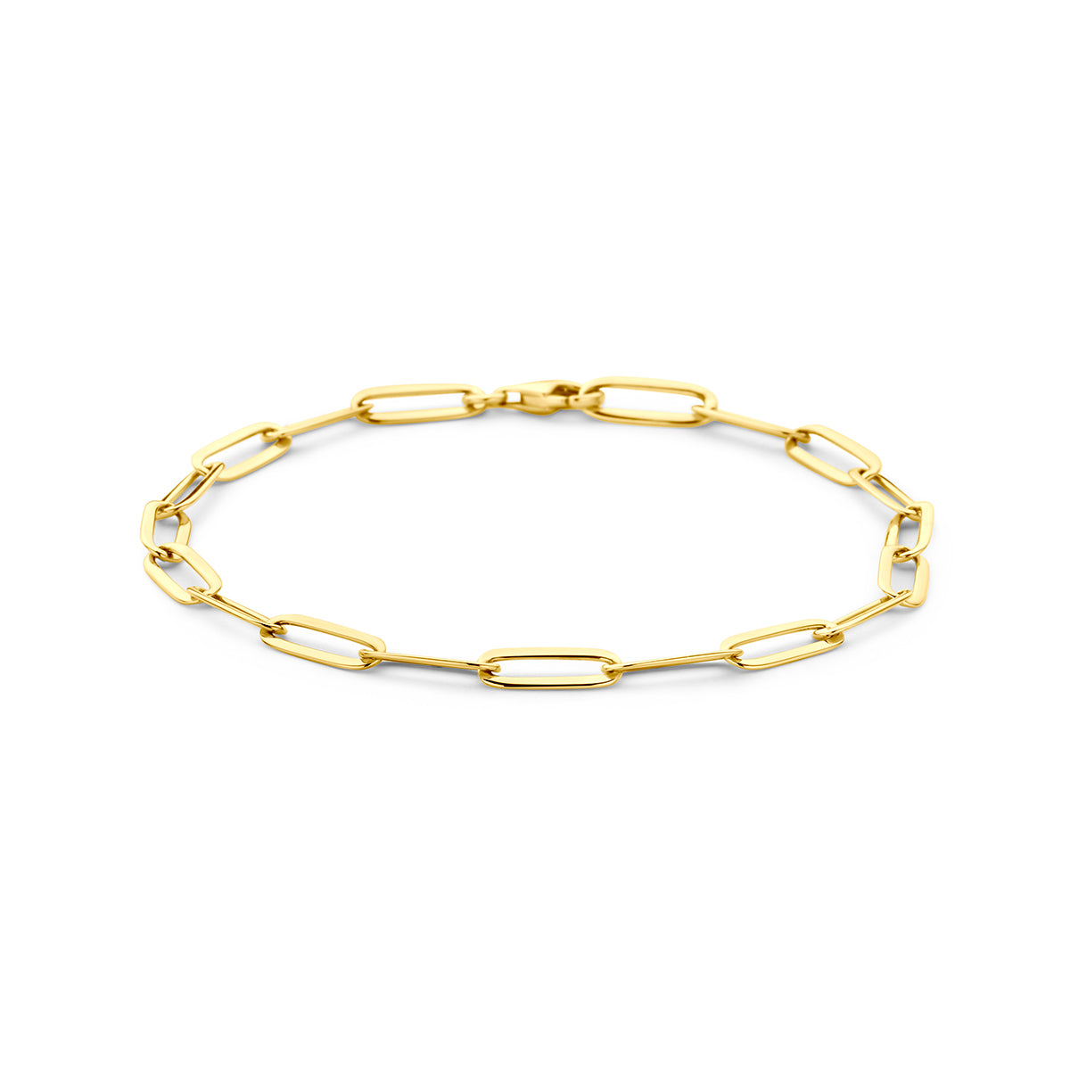 Paperclip armband: vooraanzicht van de 14 karaat geelgouden paperclip armband.