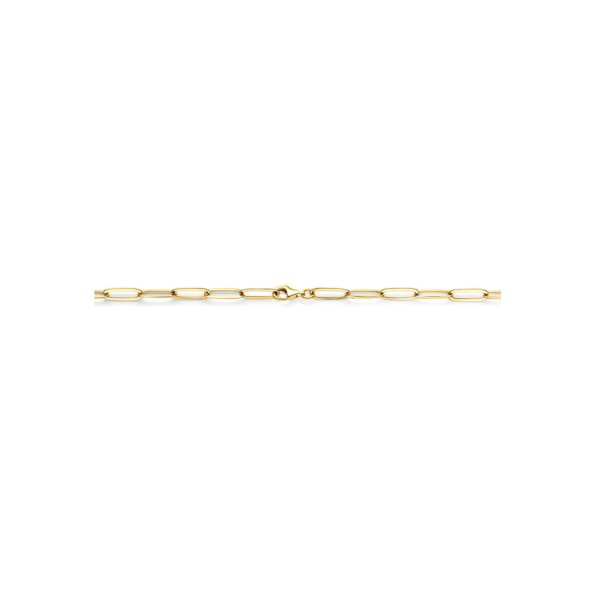 Paperclip ketting: detail van de 14 karaat geelgouden paperclip ketting.