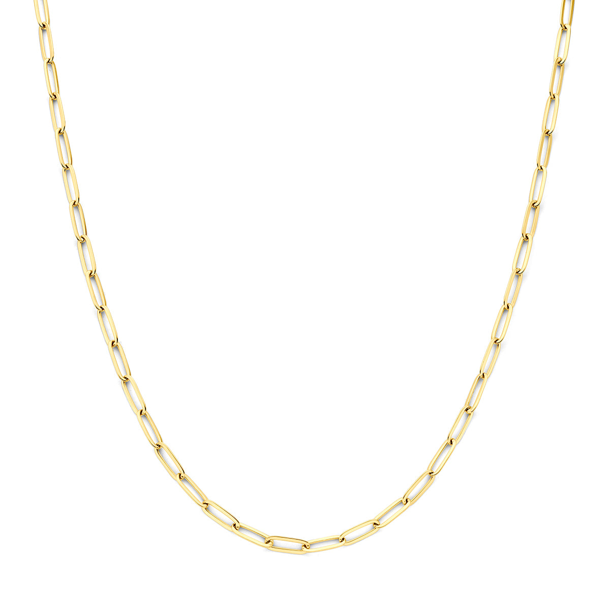 Paperclip ketting: vooraanzicht van de 14 karaat geelgouden paperclip ketting.