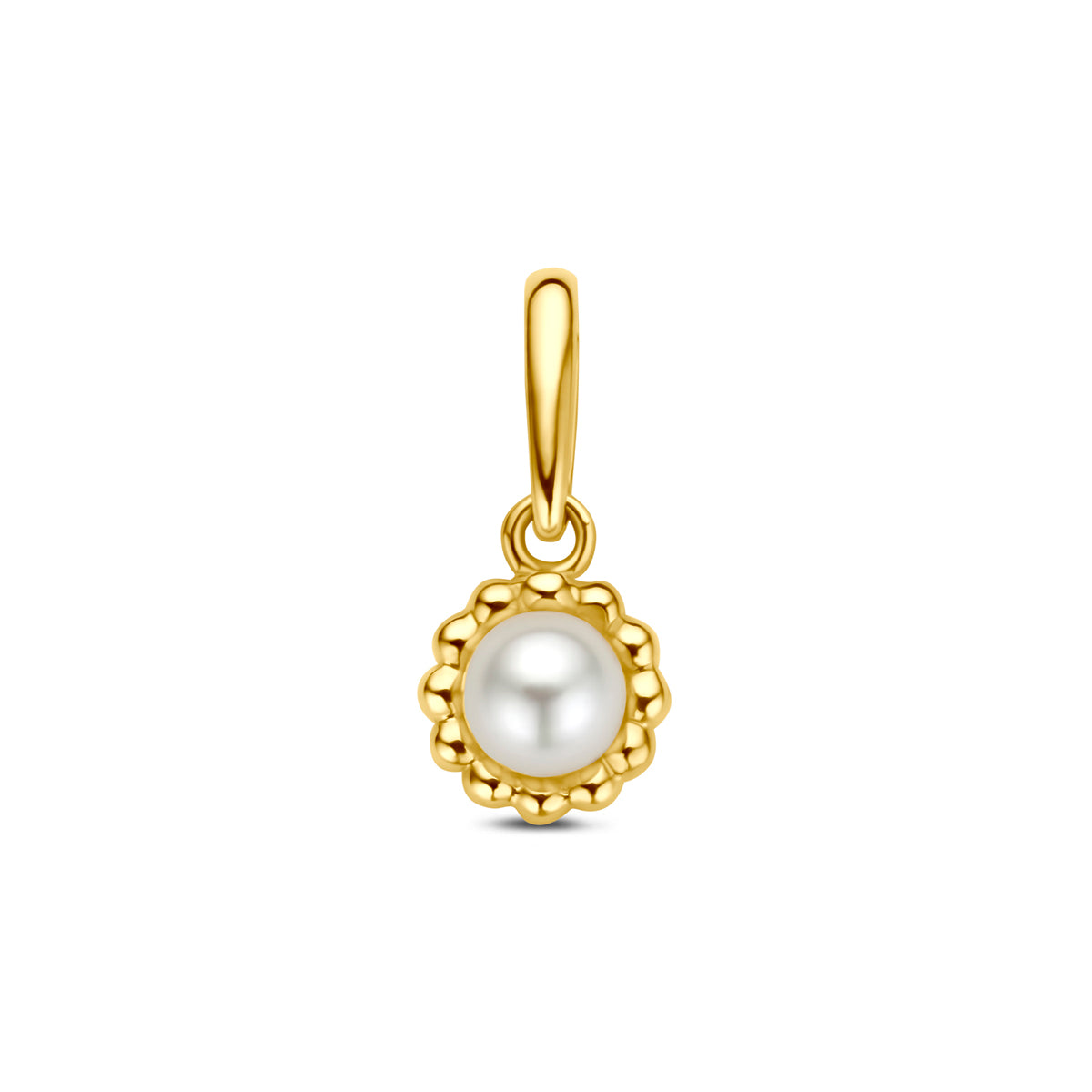 Vooraanzicht van de 14 karaat geelgouden parel hanger, 12 mm hoog en 5,5 mm doorsnede.