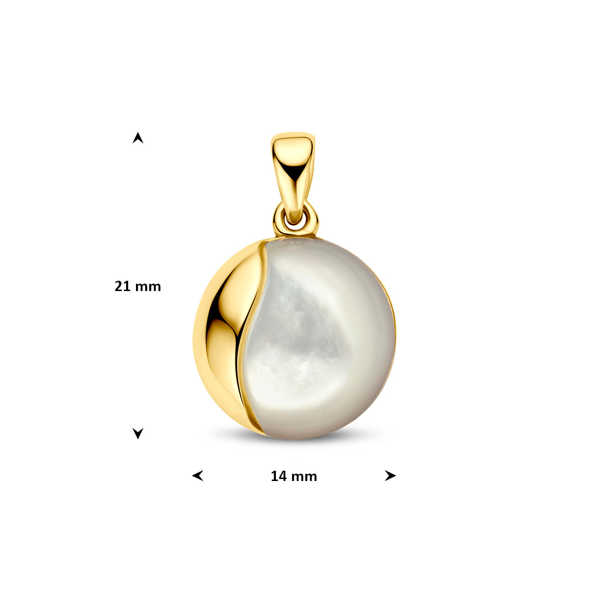 Technische afbeelding van de 14 karaat geelgouden parelmoer hanger klein met afmetingen, 14 mm doorsnede.