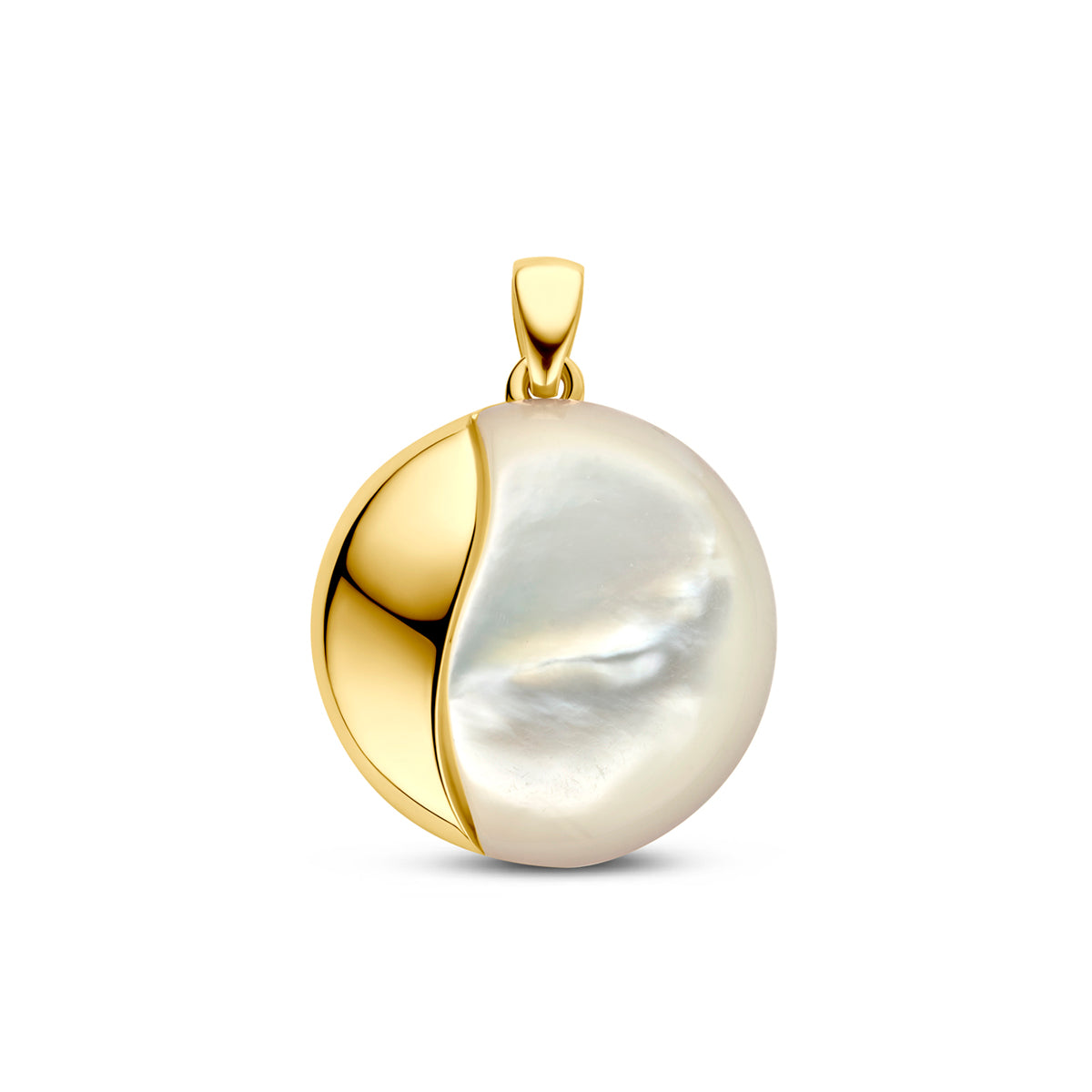 Vooraanzicht van de 14 karaat geelgouden parelmoer hanger, 20 mm doorsnede.