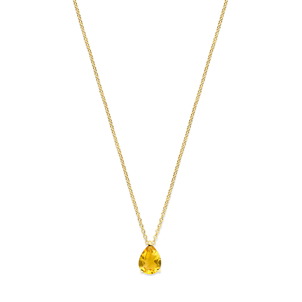 Vooraanzicht van de 14 karaat geelgouden peervormige citrien ketting, 9 mm hoog en 6 mm breed.