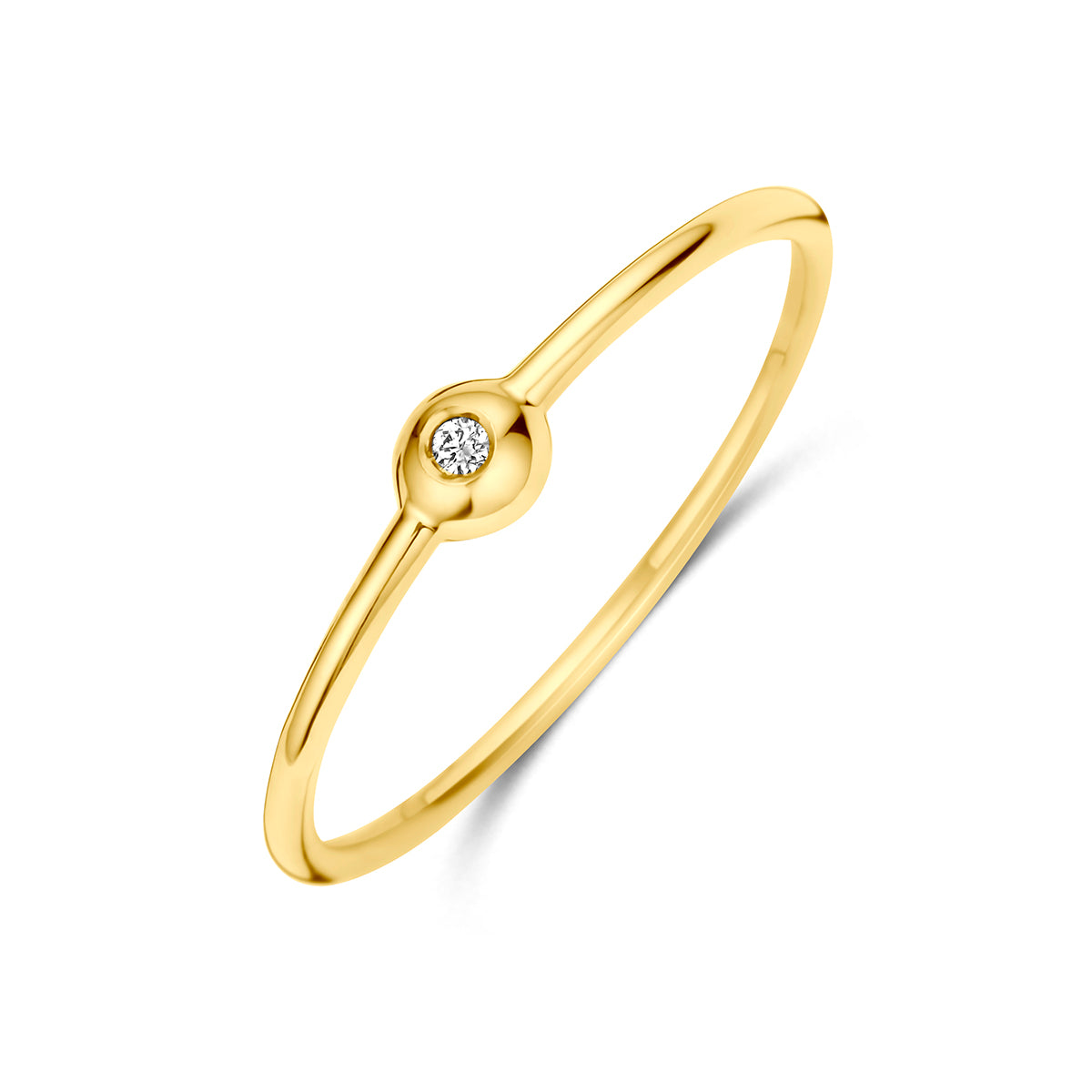 Solitair ring goud: schuin bovenaanzicht van de 14 karaat geelgouden ring met diamant 0,009 ct.