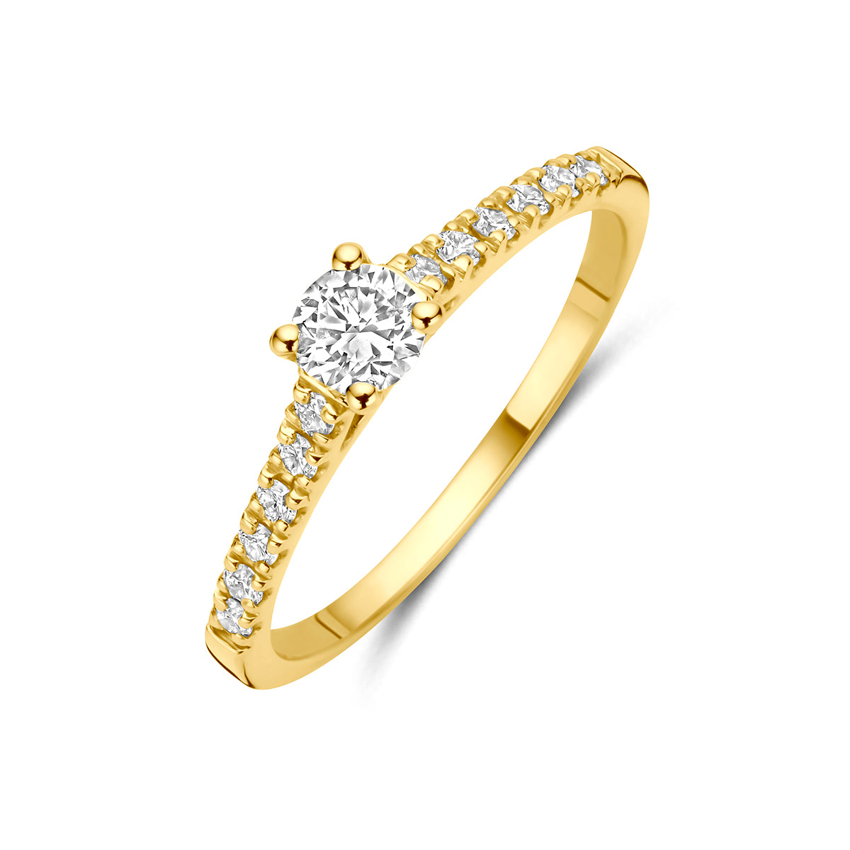 Lab grown diamant ring: schuin bovenaanzicht van de 14 karaat geelgouden ring met lab grown diamant 0,43 ct.