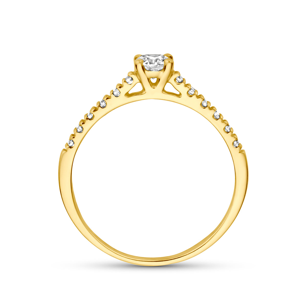 Lab grown diamant ring: zijaanzicht van de 14 karaat geelgouden ring met lab grown diamant 0,43 ct.