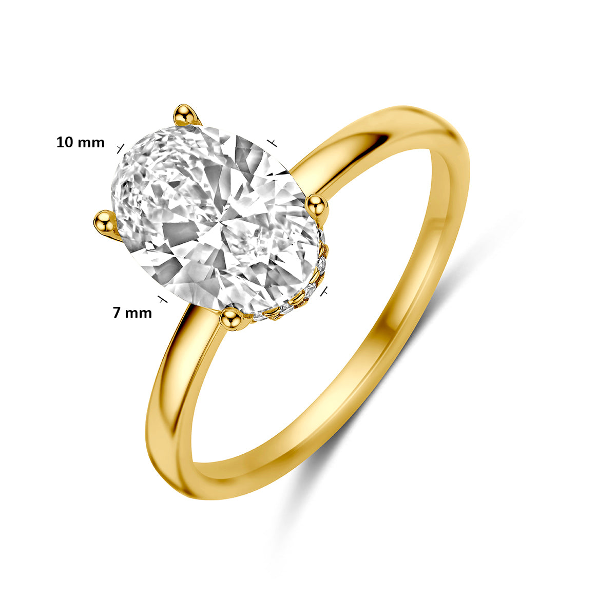 Lab grown diamant ring: schuin bovenaanzicht met afmetingen van de 14 karaat geelgouden ring met ovale lab grown diamant 2,09 ct.