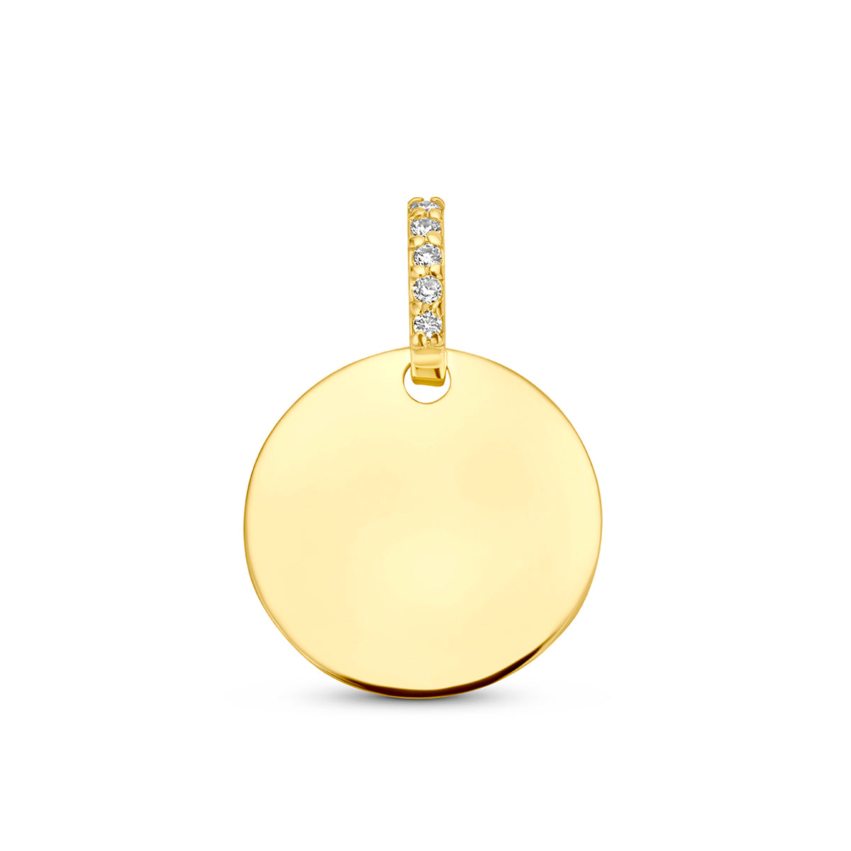 Gouden graveerhanger: vooraanzicht van de 14 karaat geelgouden ronde graveerhanger met diamant 0,02 ct.