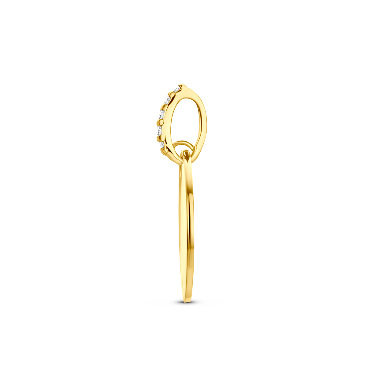Gouden graveerhanger: zijaanzicht van de 14 karaat geelgouden ronde graveerhanger met diamant 0,02 ct.