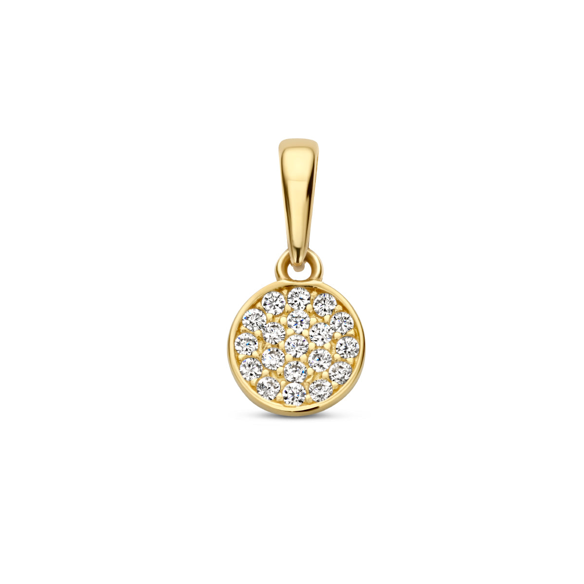 Vooraanzicht van de 14 karaat geelgouden ronde hanger met zirkonia, 13 mm hoog en 6,5 mm doorsnede.