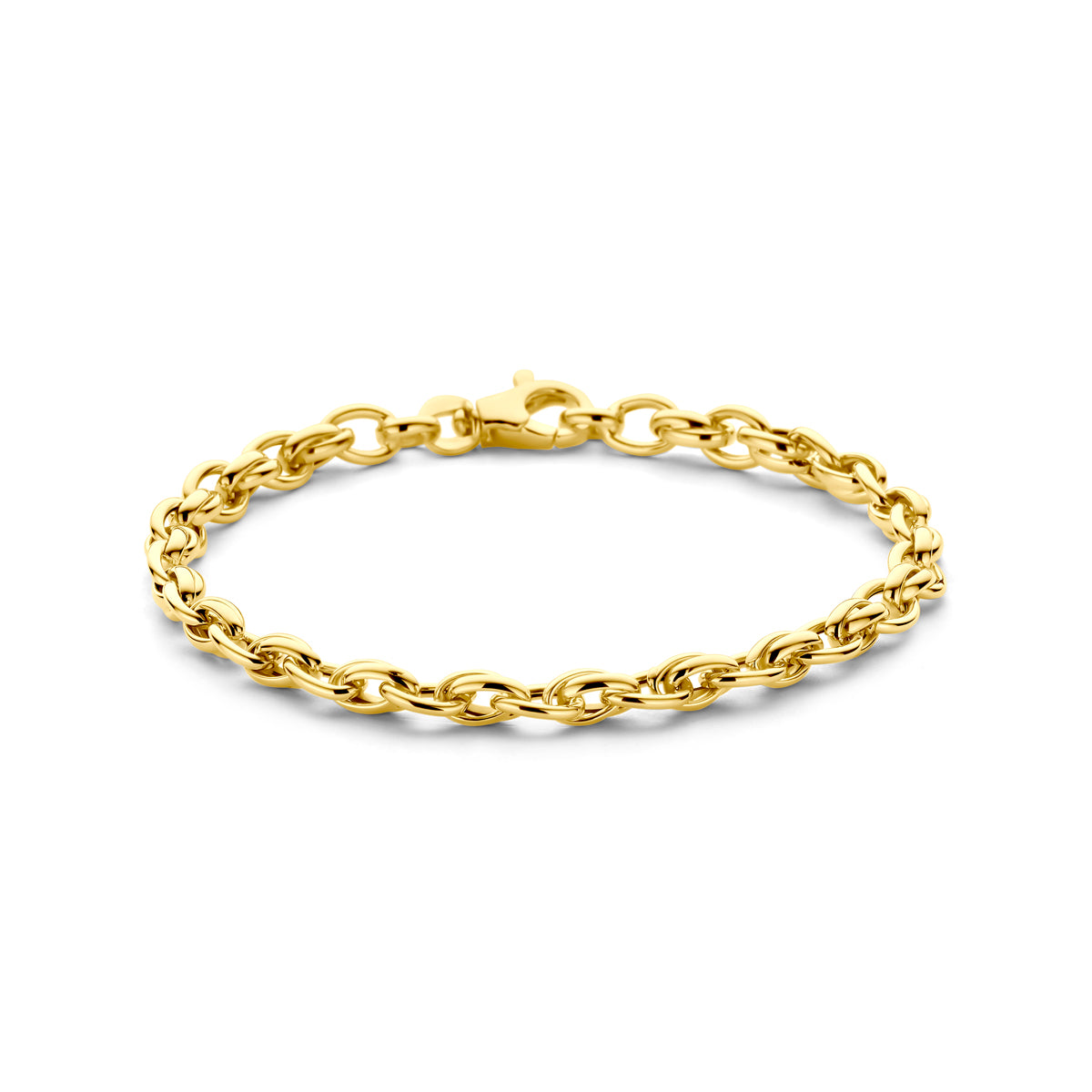 Vooraanzicht van de 14 karaat geelgouden schakelarmband.