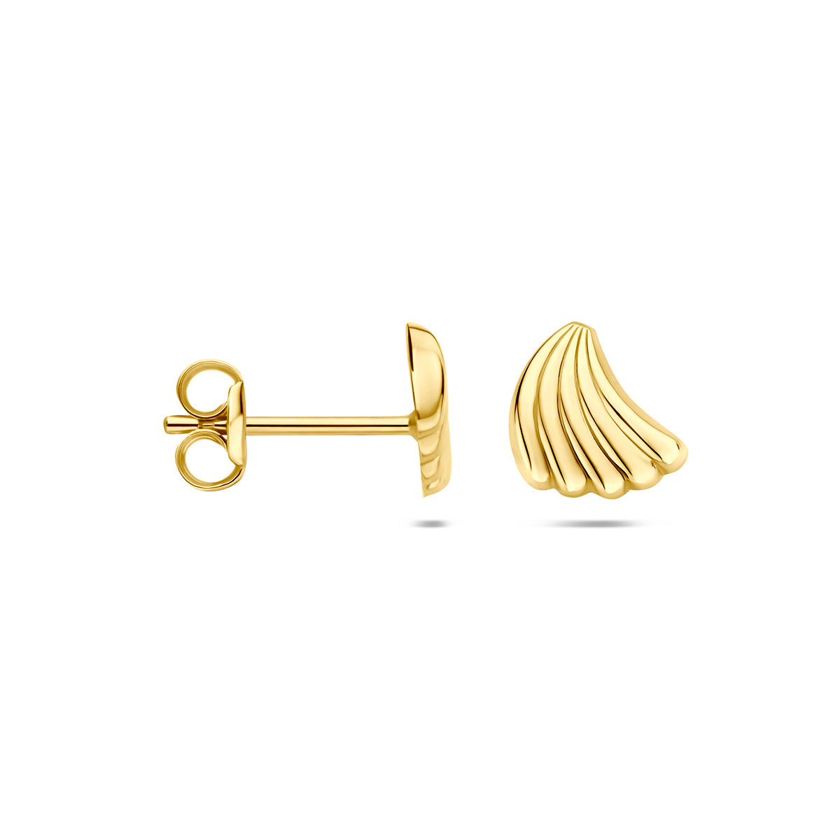 Zijaanzicht van de 14 karaat geelgouden schelp oorknopjes, zodat de diepte van het sieraad zichtbaar is.