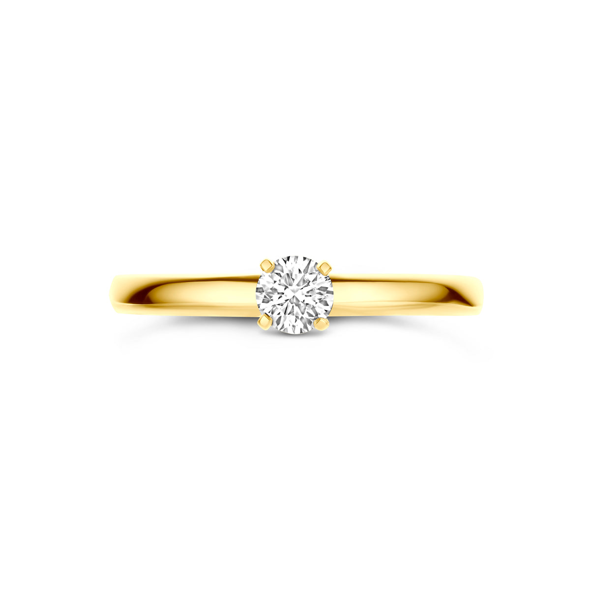 Bovenaanzicht van de 14 karaat geelgouden solitair ring lab grown diamant 0,25 ct, plat liggend van bovenaf gezien.