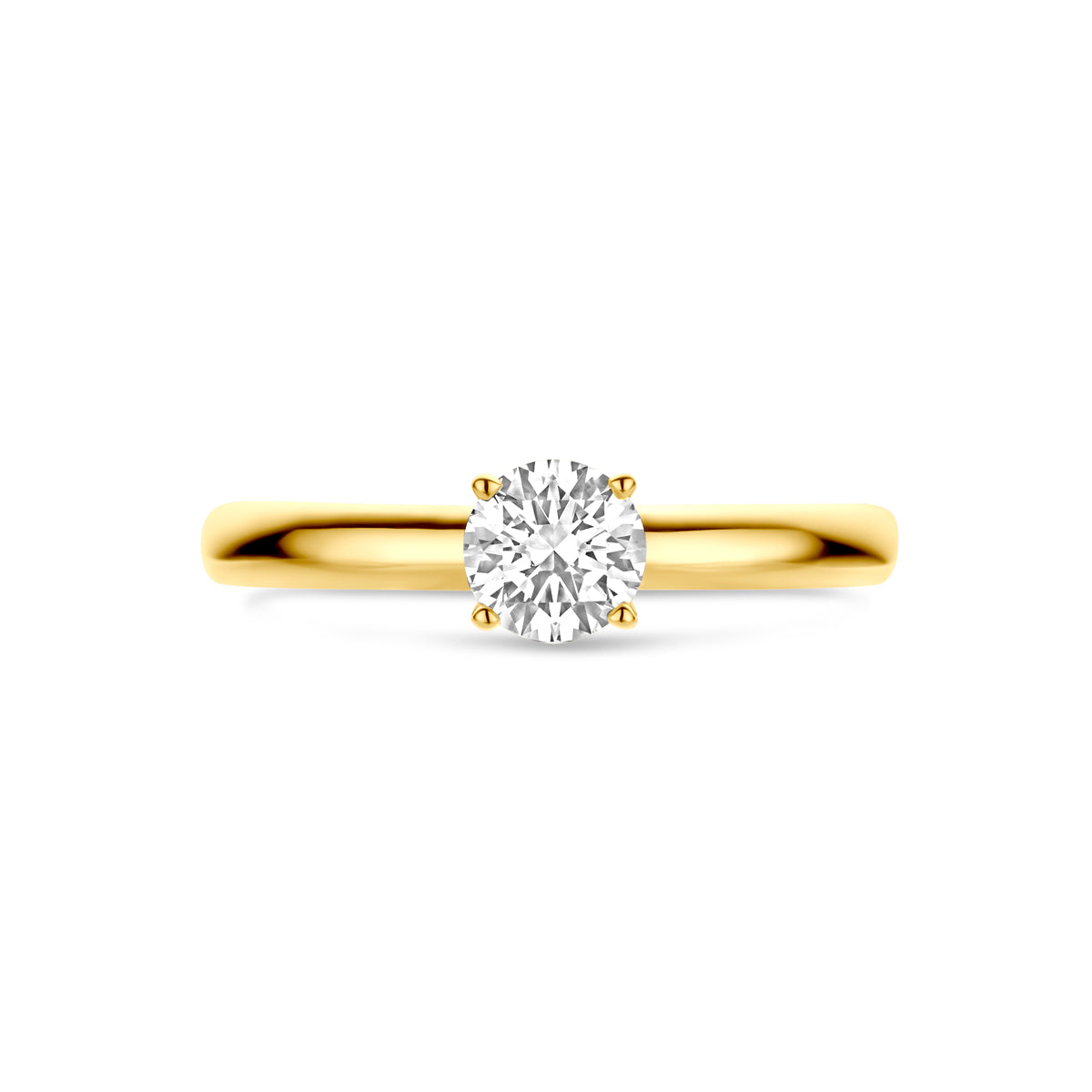 Bovenaanzicht van de 14 karaat geelgouden solitair ring met lab grown diamant 0,50 ct, plat liggend van bovenaf gezien.