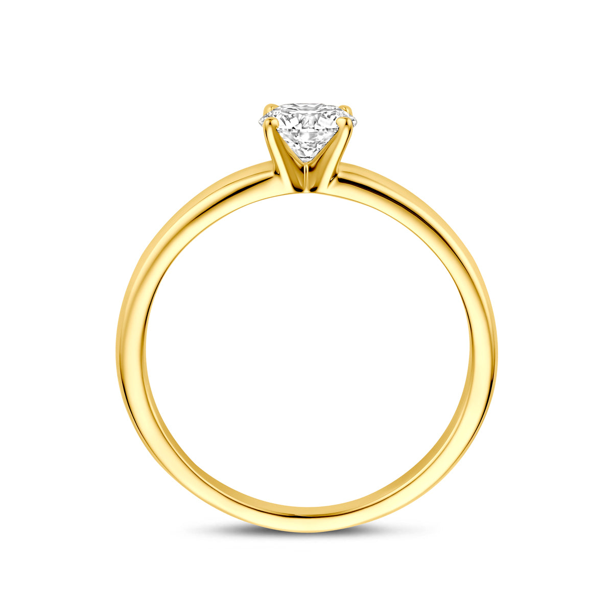 Zijaanzicht van de 14 karaat geelgouden solitair ring met lab grown diamant 0,50 ct, zodat het profiel van de ring zichtbaar is.