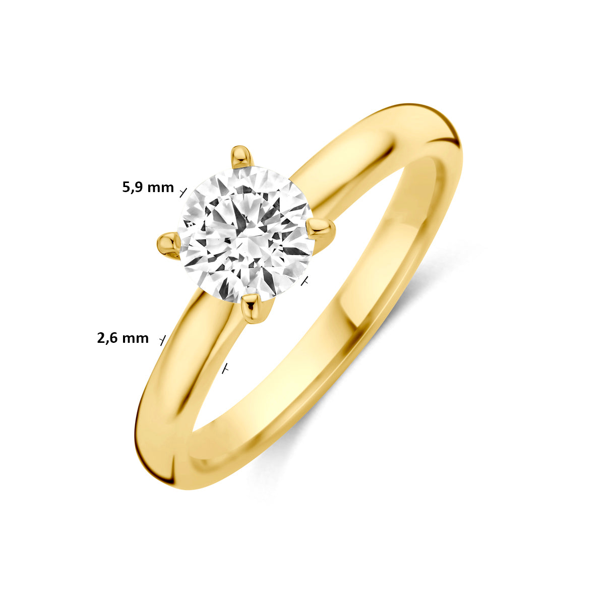 Technische afbeelding van de 14 karaat geelgouden solitair ring met lab grown diamant 0,75 ct met afmetingen, steen van 5,9 mm doorsnede, ringmaat 16½ tot 18½.