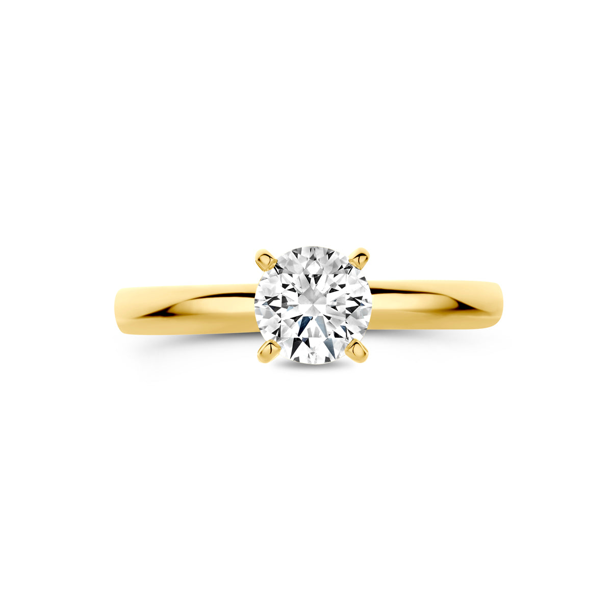 Bovenaanzicht van de 14 karaat geelgouden solitair ring met lab grown diamant 0,75 ct, plat liggend van bovenaf gezien.