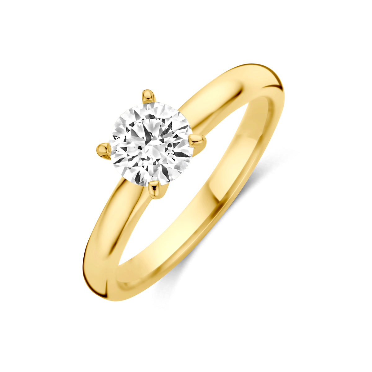 Schuin bovenaanzicht van de 14 karaat geelgouden solitair ring met lab grown diamant 0,75 ct.