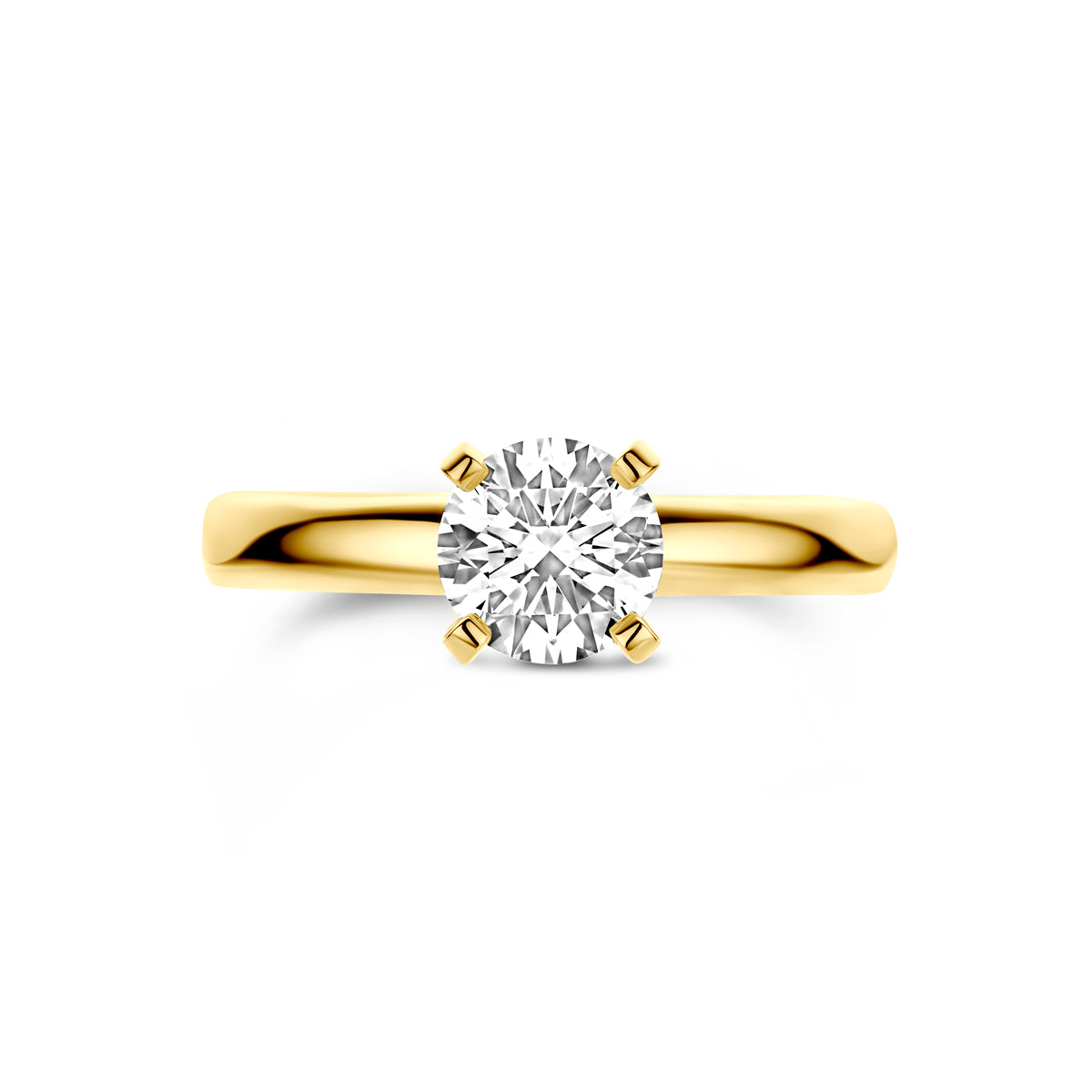 Bovenaanzicht van de 14 karaat geelgouden solitair ring met lab grown diamant 1,00 ct, plat liggend van bovenaf gezien.