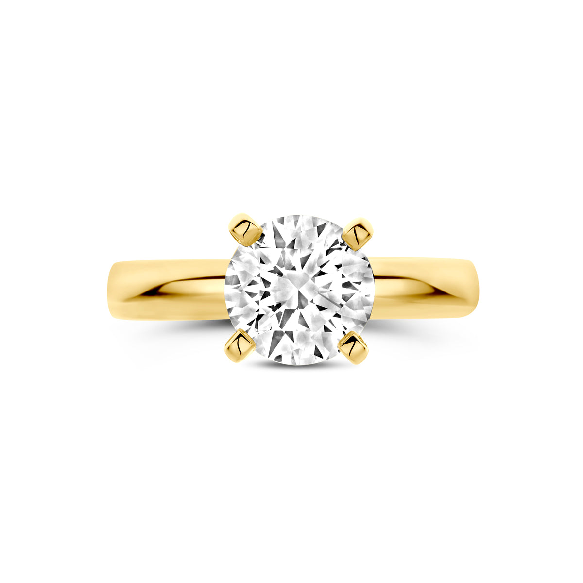 Bovenaanzicht van de 14 karaat geelgouden solitair ring met lab grown diamant 2,00 ct, plat liggend van bovenaf gezien.