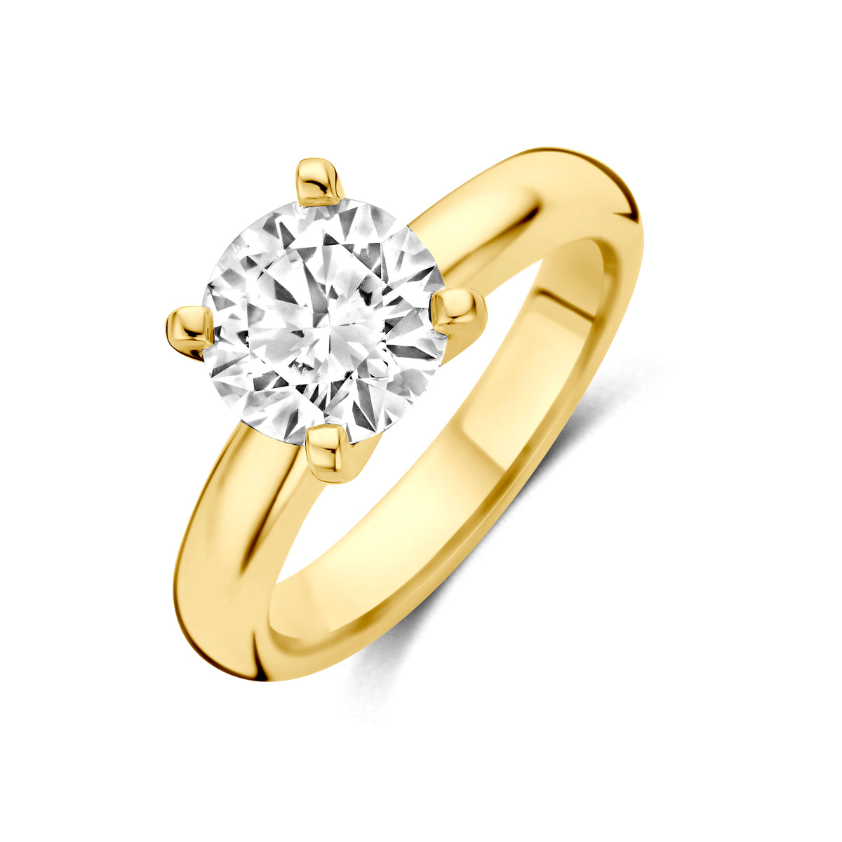 Vooraanzicht van de 14 karaat geelgouden solitair ring met lab grown diamant 2,00 ct.