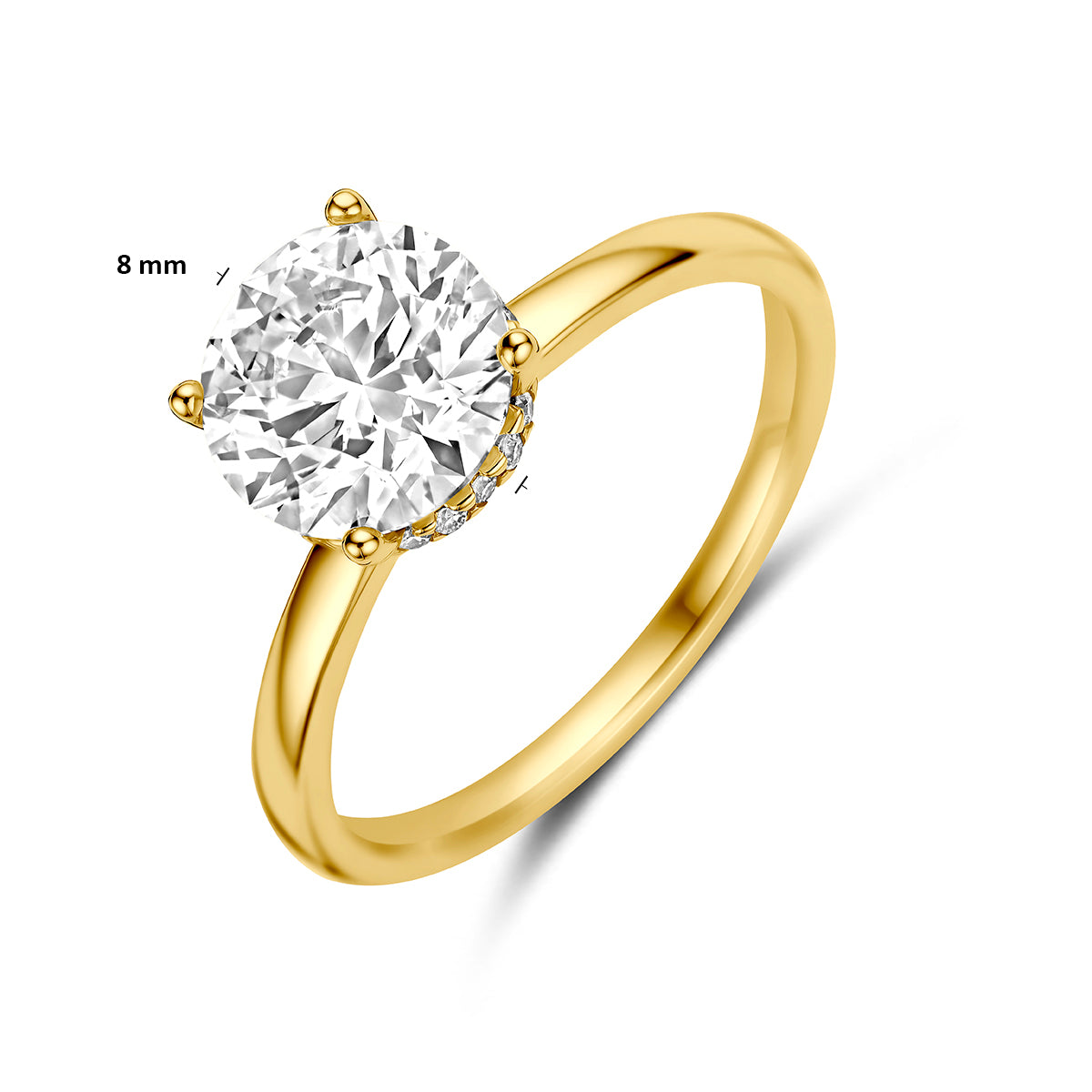 Lab grown diamant ring: schuin bovenaanzicht met afmetingen van de 14 karaat geelgouden solitair ring lab grown diamant 2,09 ct.