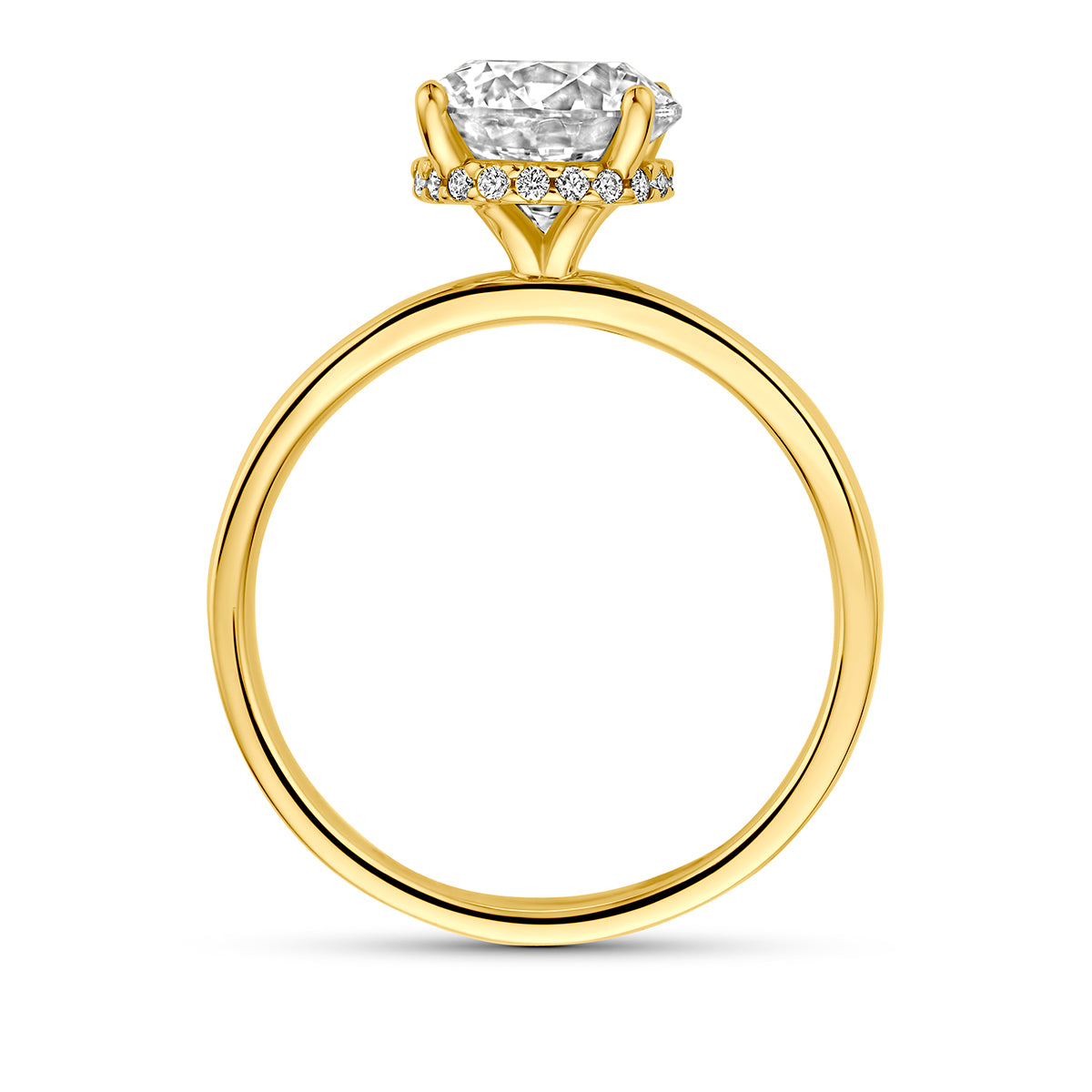 Lab grown diamant ring: zijaanzicht van de 14 karaat geelgouden solitair ring lab grown diamant 2,09 ct.
