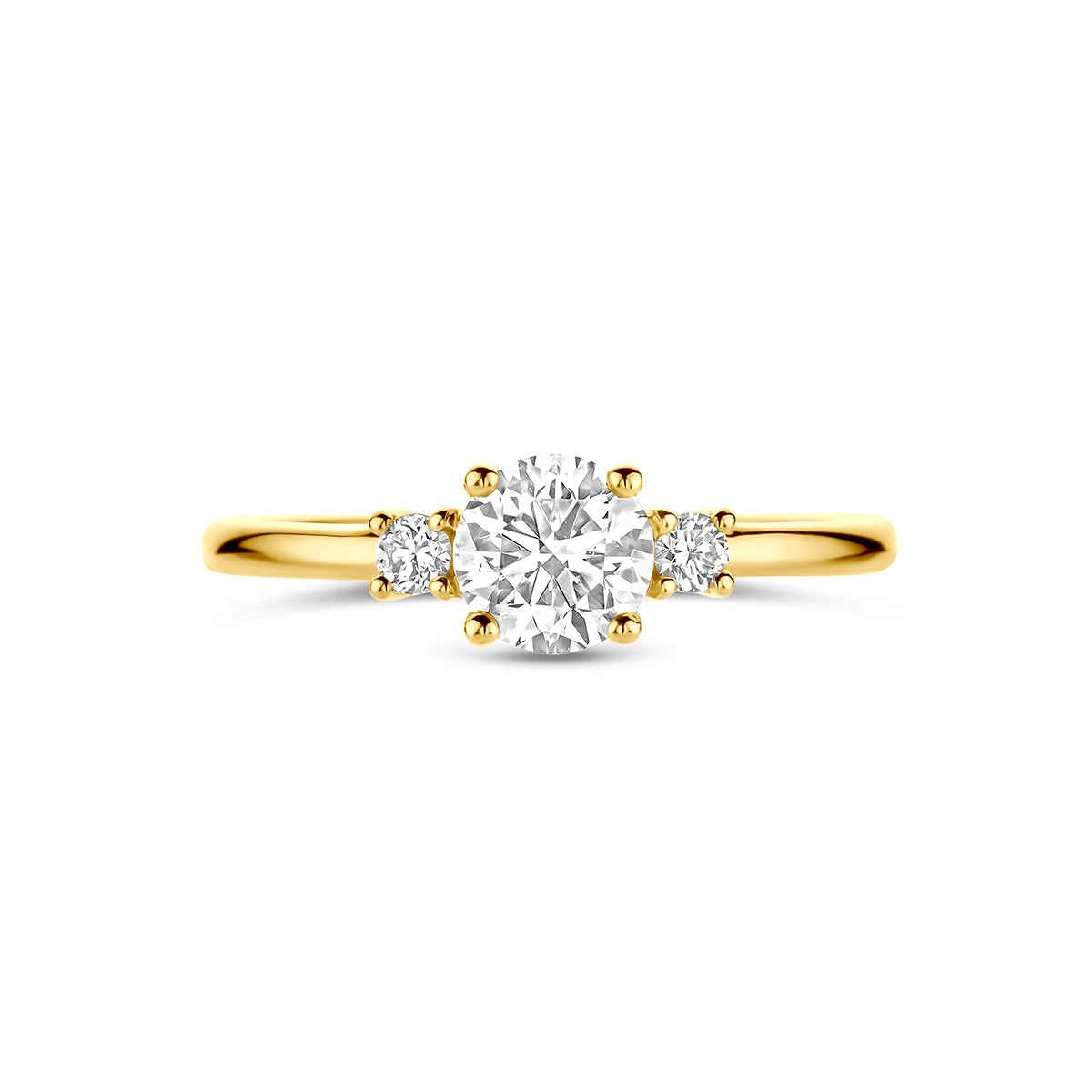 Trilogie ring: bovenaanzicht van de geelgouden trilogie ring met lab grown diamanten van 14 karaat, 0,74 ct.