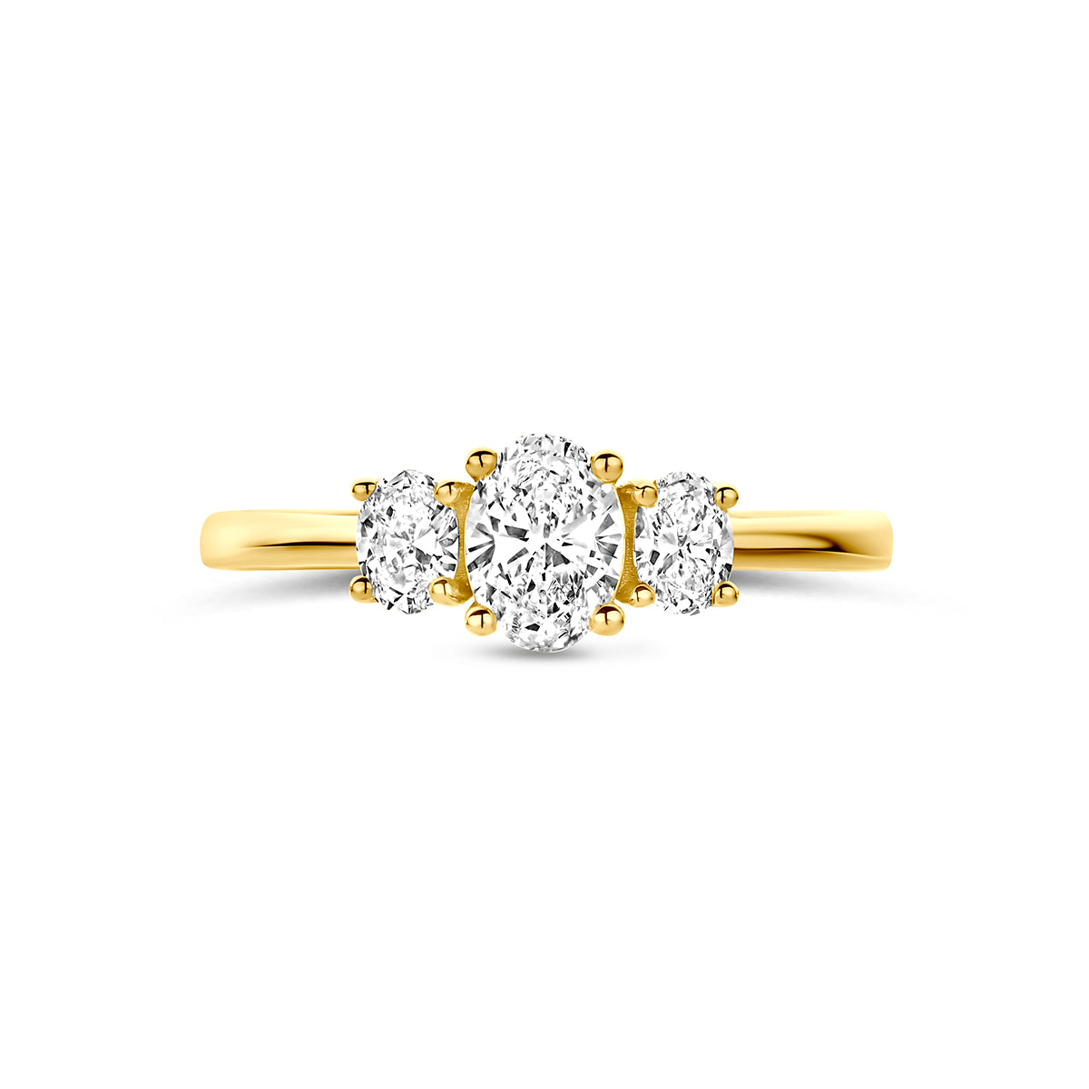 Trilogie ring: bovenaanzicht van de 14 karaat geelgouden trilogie ring lab grown diamant 0,80 ct.