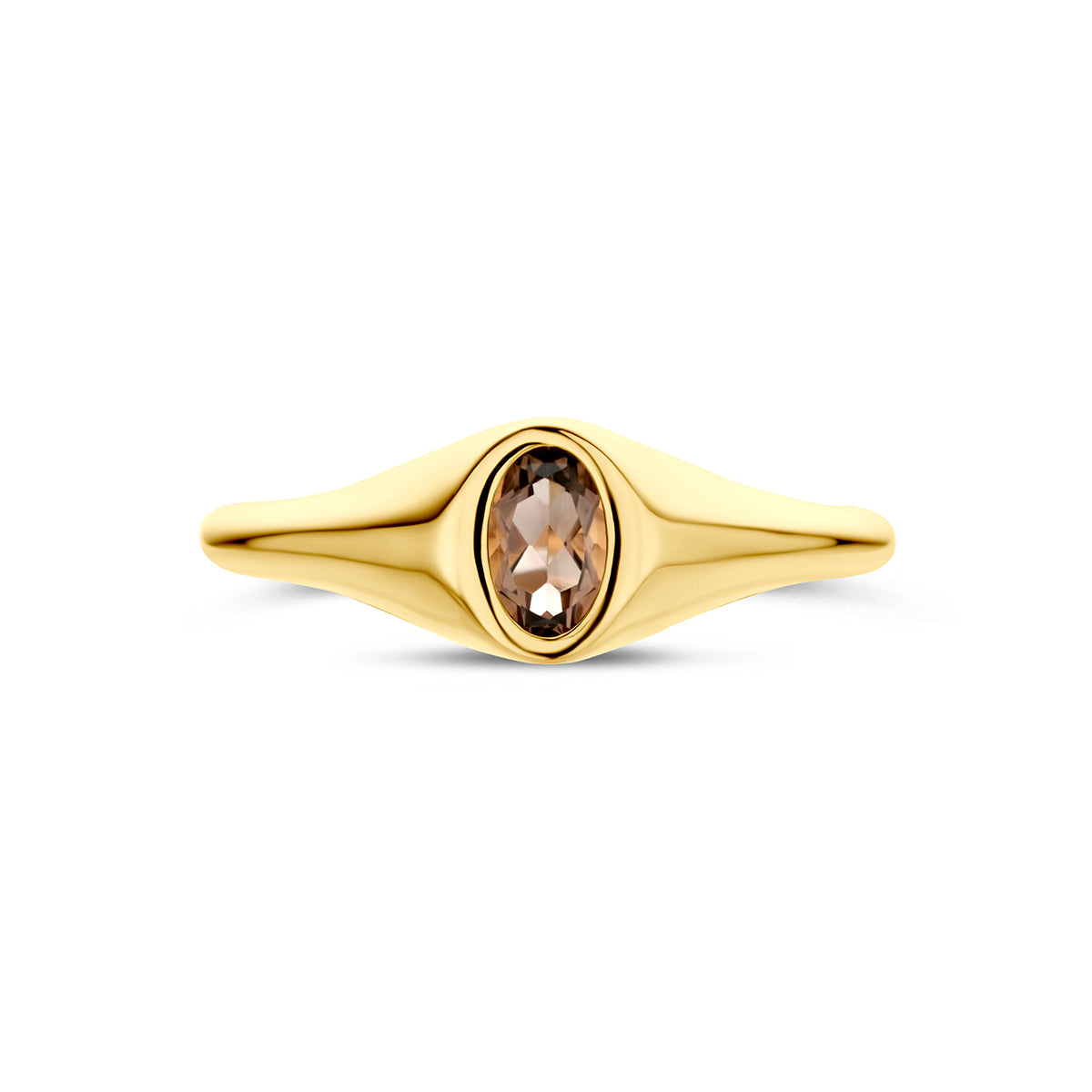 Rookkwarts ring: bovenaanzicht van de 14 karaat geelgouden zegelring met rookkwarts.