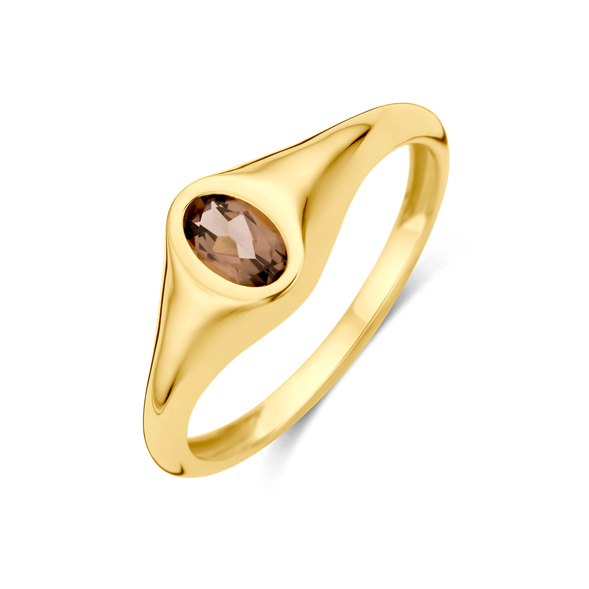 Rookkwarts ring: schuin bovenaanzicht van de 14 karaat geelgouden zegelring met rookkwarts.