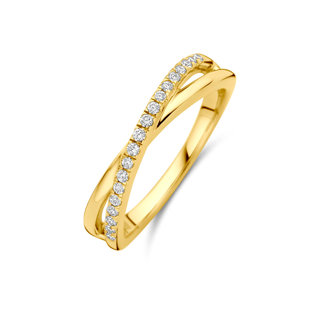 Schuin bovenaanzicht van de gouden aanschuifring met lab grown diamant van 14 karaat.