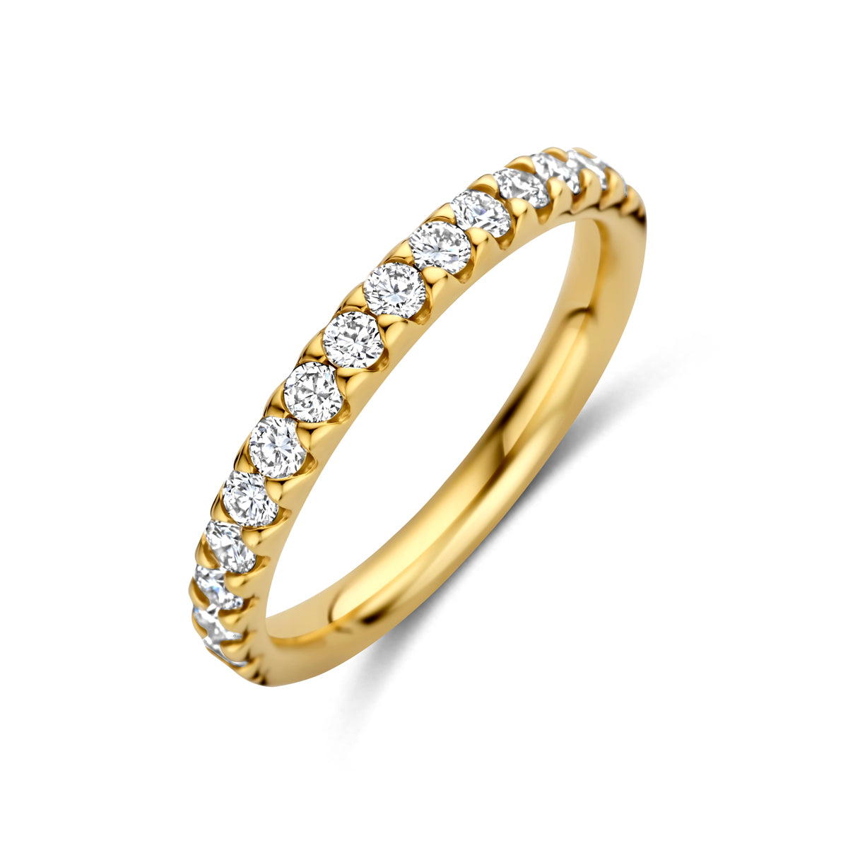 Schuin bovenaanzicht van de gouden aanschuifring met lab grown diamant van 14 karaat.