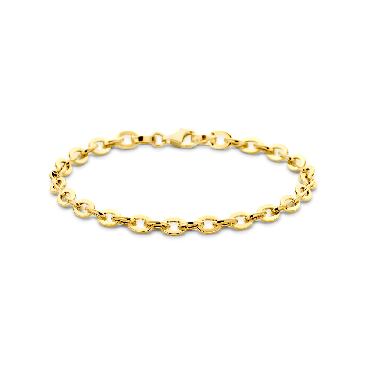 Vooraanzicht van de gouden ankerarmband van 14 karaat.