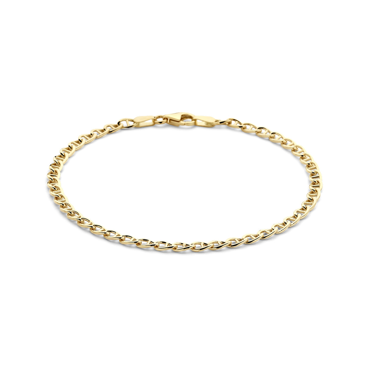 Vooraanzicht van de gouden ankerarmband van 14 karaat.