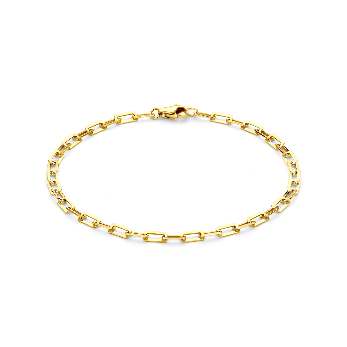 Vooraanzicht van de gouden ankerarmband van 14 karaat.