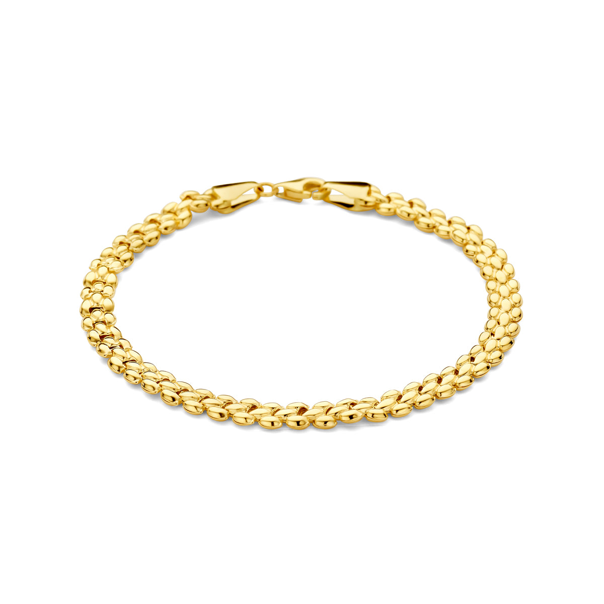 Vooraanzicht van de gouden ankerarmband van 14 karaat.