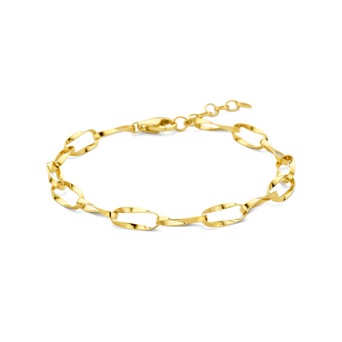 Vooraanzicht van de gouden ankerarmband van 14 karaat.