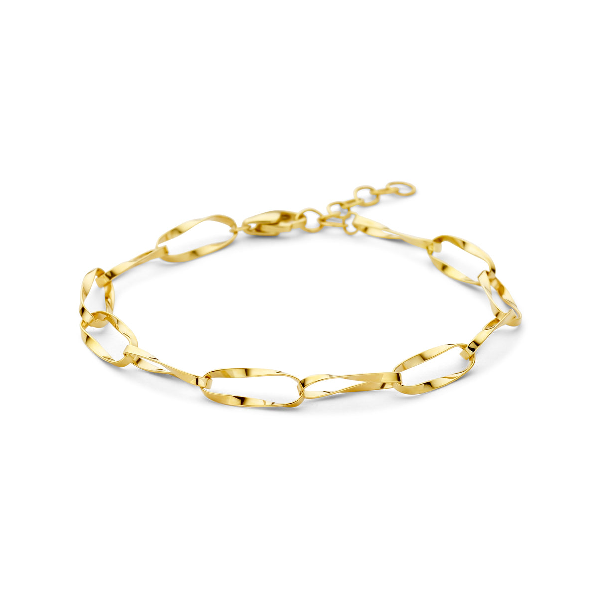 Vooraanzicht van de gouden ankerarmband van 14 karaat.