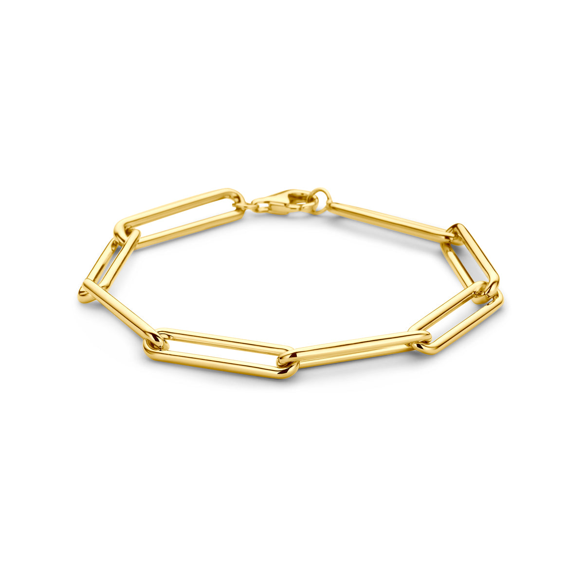 Vooraanzicht van de gouden ankerarmband van 14 karaat.