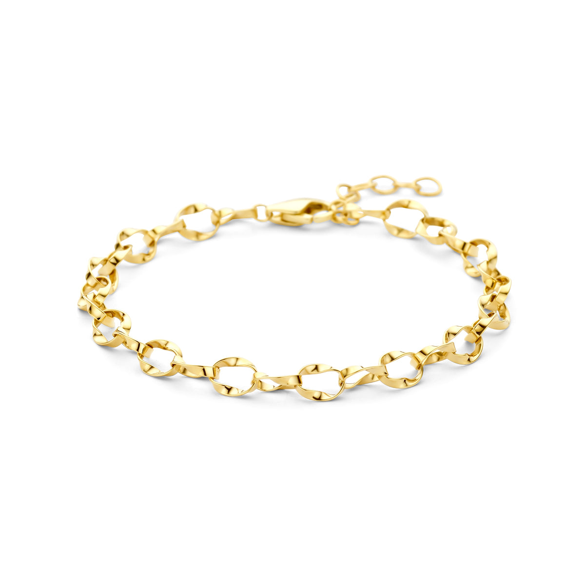 Vooraanzicht van de gouden ankerarmband van 14 karaat.