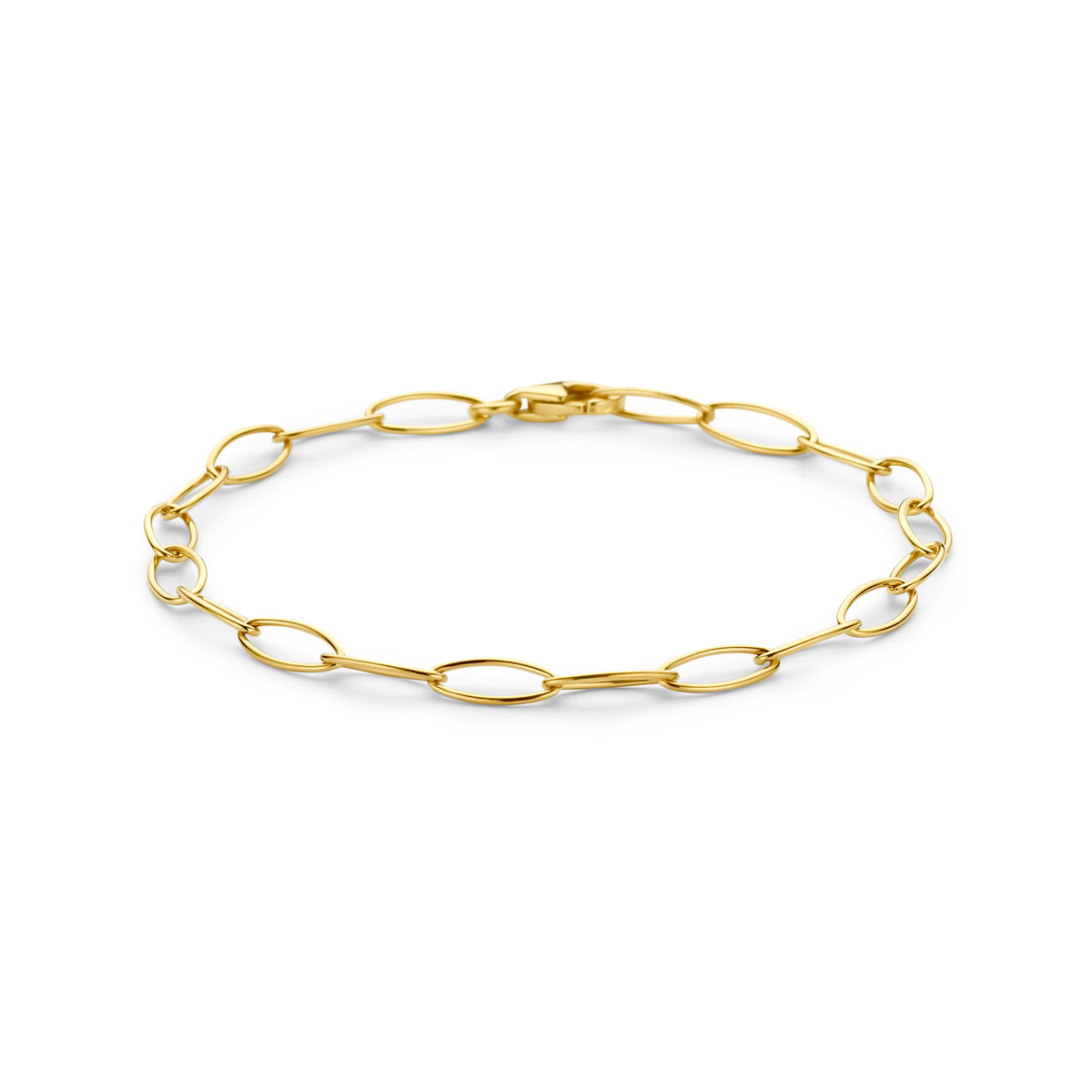 Vooraanzicht van de gouden ankerarmband van 14 karaat.