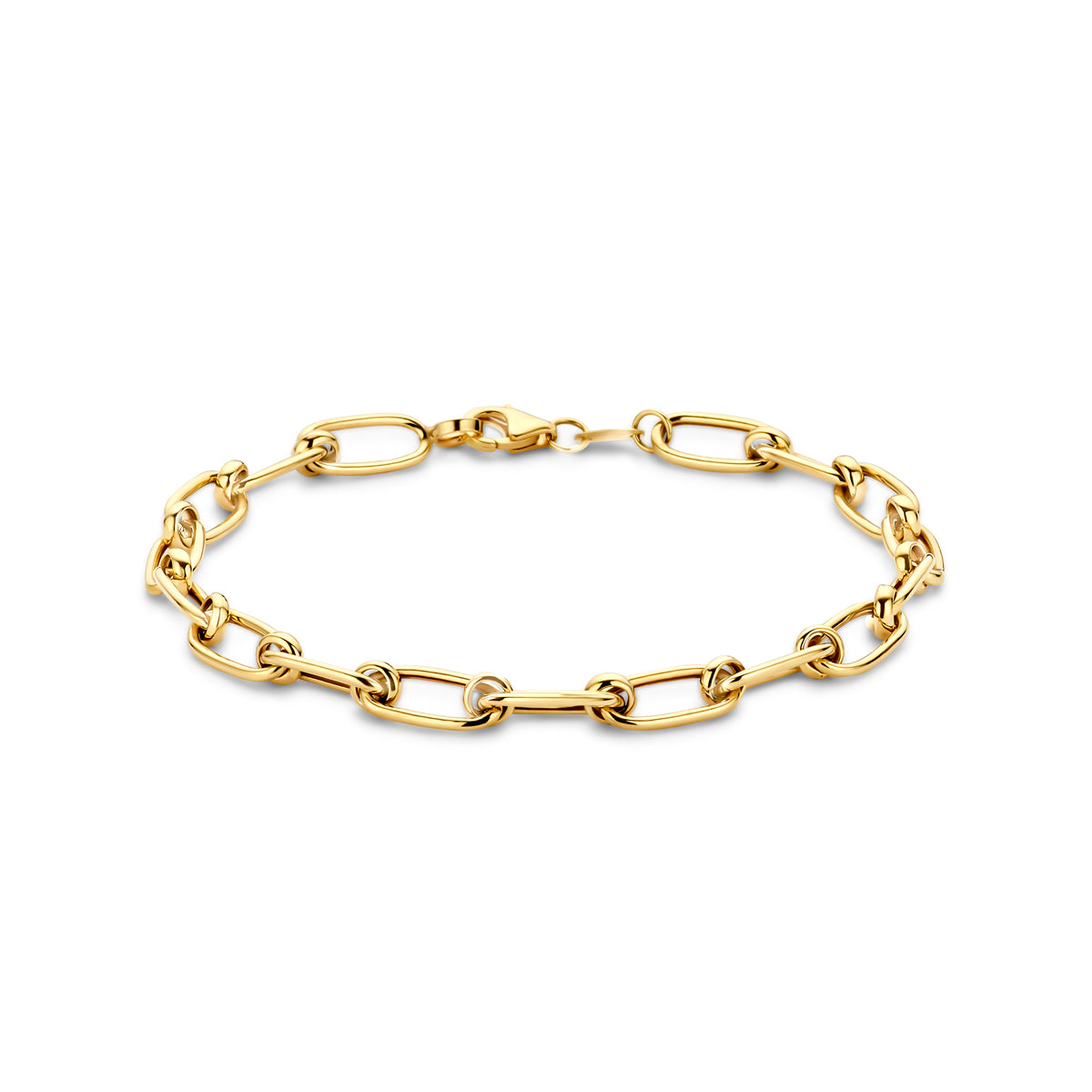 Vooraanzicht van de gouden ankerarmband van 14 karaat.